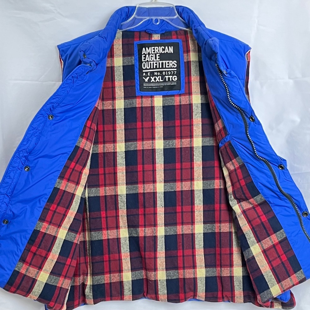American Eagle Mens Puffer Vest XXL Blue Plaid Lined Down Fill 01977 Outerwear - Picture 5 of 10